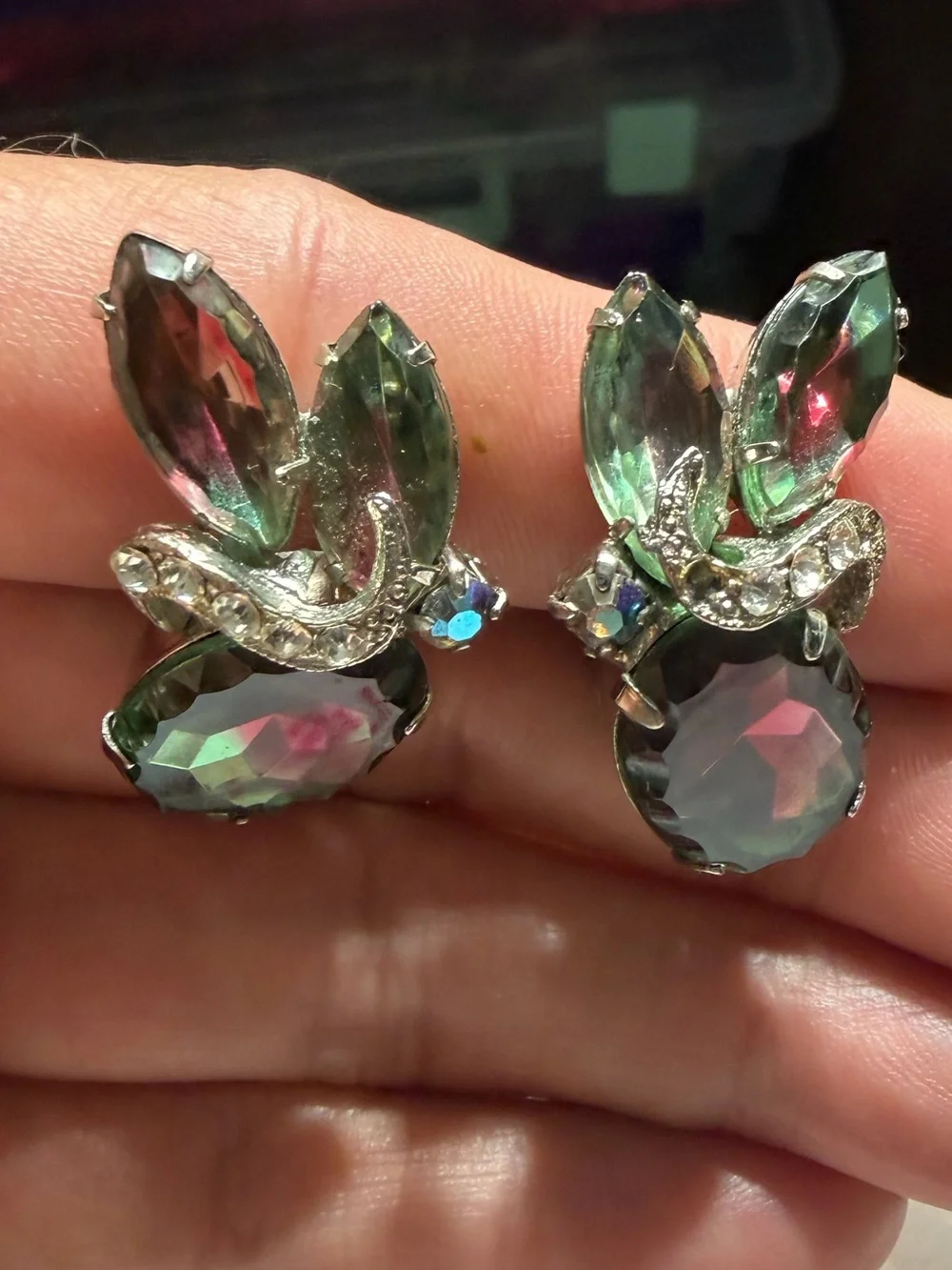 Vintage Silver Tone Watermelon Rhinestone Clip On Earrings